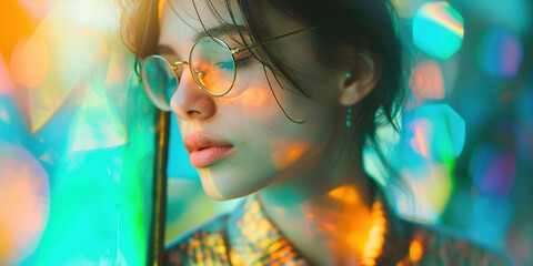 Young woman model in their 20s posing in a prism stained glass rainbow spectrum bright color lighting. Natural beauty, youth, face skin care, fashion and makeup concept background - obrazy, fototapety, plakaty