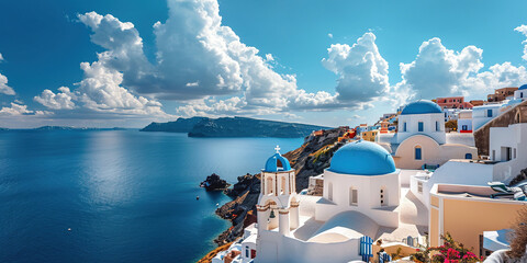 Santorini Thira island in southern Aegean Sea, Greece daytime. Fira and Oia town with white houses overlooking cliffs, beaches, and small islands panorama background wallpaper - obrazy, fototapety, plakaty