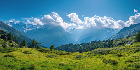 Swiss Alps mountain range with lush forest valleys and meadows, countryside in Switzerland landscape. Serene idyllic panorama, majestic nature, relaxation, calmness concept