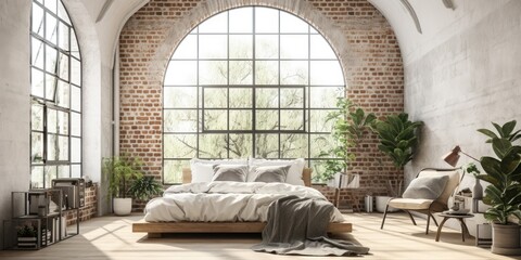 Pallet bed in loft bedroom with white brick wall and large arched window.