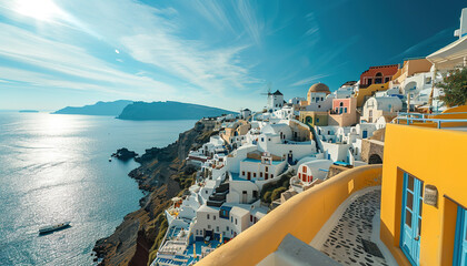Santorini Thira island in southern Aegean Sea, Greece daytime. Fira and Oia town with white houses...