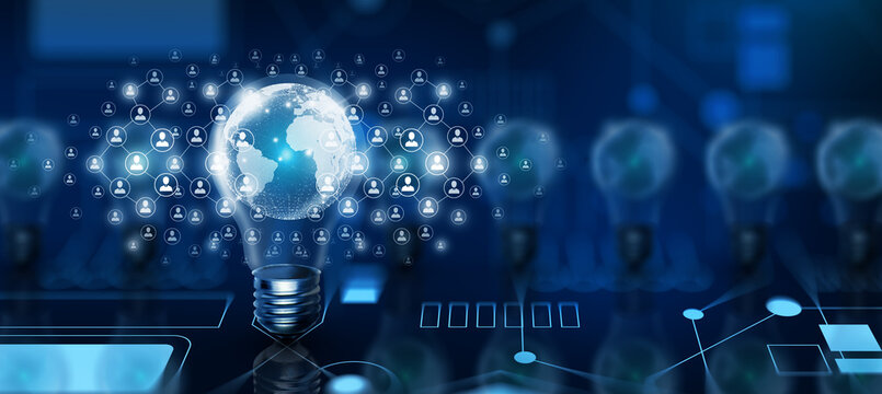 Light bulb global business technology and People network community. Idea connection and idea for effective networking. Mixed media Concept. Abstract blue background and 3D illustration.
