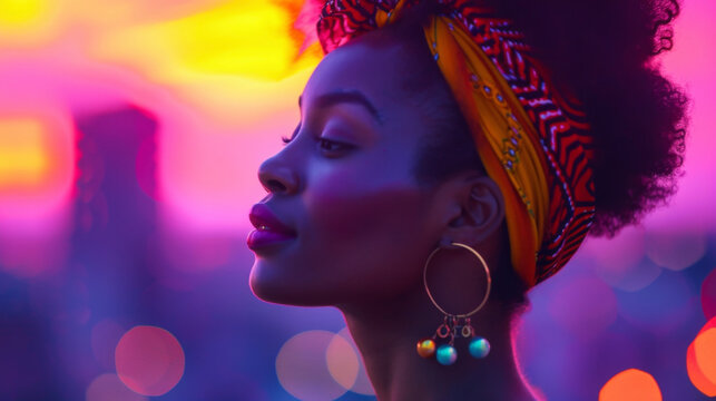 A captivating street performer her performance set against the vivid hues of a purple city sky.