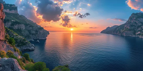 Rolgordijnen Amalfi coast coastline in Sorrentine Peninsula, Campania region, Italy. Holiday destination shoreline with hills, beaches, and cliffs, sea view, sunset golden hour wallpaper © Gajus