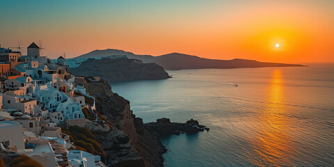 Santorini Thira island in southern Aegean Sea, Greece sunset. Fira and Oia town with white houses overlooking cliffs, beaches, and small islands panorama background wallpaper - obrazy, fototapety, plakaty
