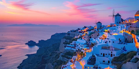 Fototapeten Santorini Thira island in southern Aegean Sea, Greece sunset. Fira and Oia town with white houses overlooking cliffs, beaches, and small islands panorama background wallpaper © Ars Nova