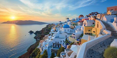 Santorini Thira island in southern Aegean Sea, Greece sunset. Fira and Oia town with white houses overlooking cliffs, beaches, and small islands panorama background wallpaper - obrazy, fototapety, plakaty
