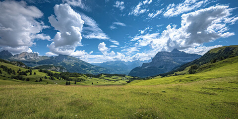 Swiss Alps mountain range with lush forest valleys and meadows, countryside in Switzerland landscape. Snowy mountain tops in the horizon, travel destination wallpaper background