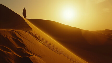 A backlit scene of dunes and the distant silhouette of a nomadic traveler.