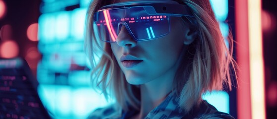 Futuristic software and hardware , coding hologram, serious concentrated attractive woman thinking about data analytics, digital technology. Programming cybersecurity research and IT, VR headset 
