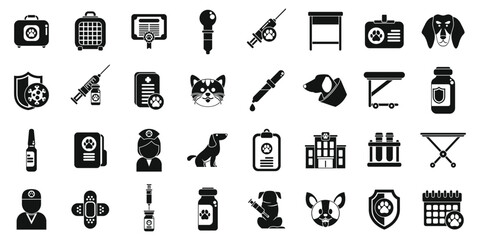 Pet vaccination icons set simple vector. Doctor medical vet. Veterinary puppy