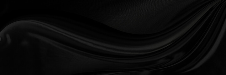 Black gray satin dark fabric texture luxurious shiny that is abstract silk cloth panorama background with patterns soft waves blur beautiful.
