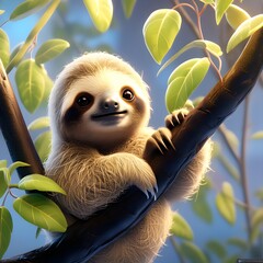 A cute baby sloth hanging  a tree branch, looking contemplative and relaxed. Generative AI