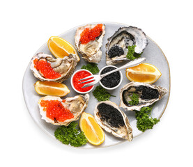 Plate of tasty oysters with lemon, black and red caviar on white background