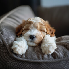 Cute sleeping mini labradoodle puppy