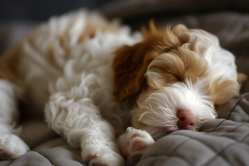 Cute sleeping mini labradoodle puppy
