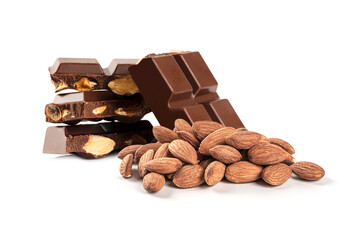 Chocolate with almonds isolated on white background.