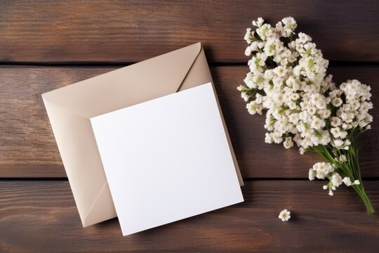 White greeting card with envelope on wooden background top view, Valentine's day, Mother's day, Women's Day and love concept