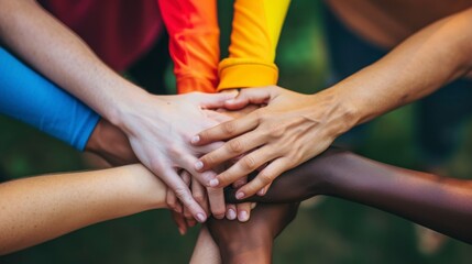 group of young people putting hands together teamwork of different ethnicities and religions in a day park with good lighting