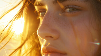 The golden hour light adds a soft warmth to the features of this persons face making for a stunning portrait.