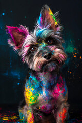 yorkshire terrier covered in friendly colorfull tint