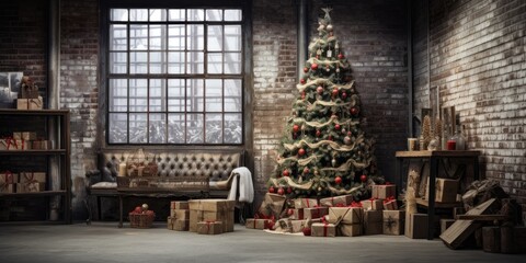 Fototapeta premium Rustic loft with Christmas tree and presents beneath.
