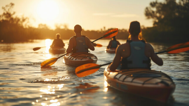 A group of kayakers exploring the backwaters their boats backlit by the setting sun as they paddle towards the shimmering horizon.