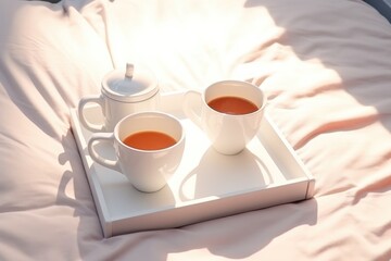 Fototapeta na wymiar Coffee in mugs on a tray lie on a white bed in the morning