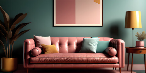 Close-Up Retro Bliss: 3 D Render of Modern Living Room with Vintage Leather Sofa, Muted Teal, Mustard Yellow, and Dusty Rose Hues for a Nostalgic Feel