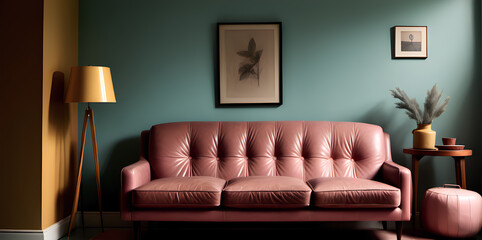 Nostalgic Luxury: Vintage Leather Sofa Anchors a 3 D Rendered Modern Living Room in Muted Teal, Mustard Yellow, and Dusty Rose - Close-Up Vibe
