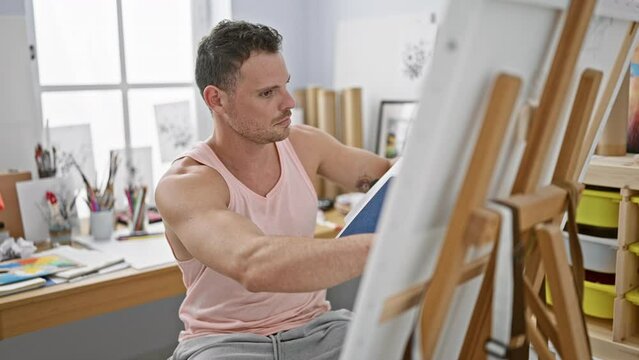 A focused young man with a beard paints on a canvas in a bright, modern studio.