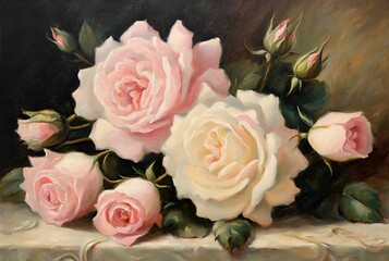 Sill Life Pastel Pink and Cream Garden Roses 