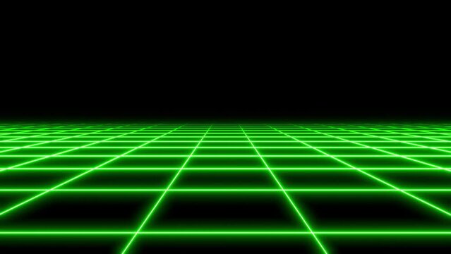 4K Parallax Retro Abstract VJ Motion Background Loop Inspired by 1980's: Infinite Flight Over Glowing Green Neon Square Grid, 3D Abstract 1980's Retrowave Cyberpunk Background with Neon Perspective Gr