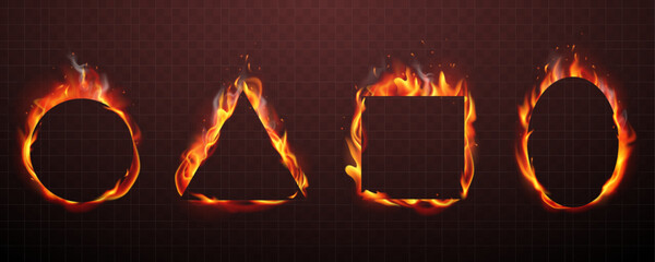 Blank geometric frames with realistic fire at the back. Collection of flame border for design of different shapes - circle, oval, square, triangle. Isolated on transparent background. Burning banner. © alexandertrou