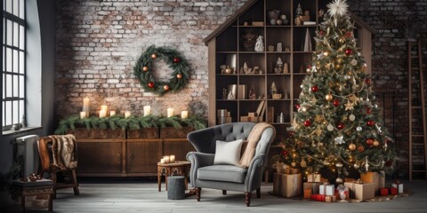 Stylish vintage living room adorned with Christmas decorations