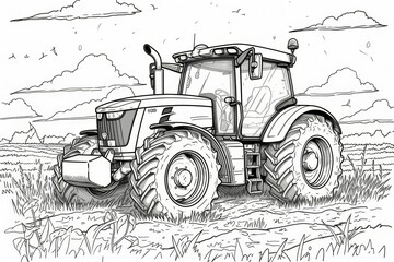 Tractor sketch. Background with selective focus and copy space