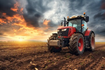 Tractor in the field. Background with selective focus and copy space - obrazy, fototapety, plakaty