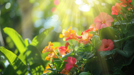 A of vibrant flowers nestled in the shade of the canopy catching a glimpse of sunlight.
