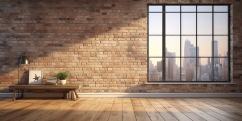Modern loft style interior with large window, wooden floor, and brick wall; ed.
