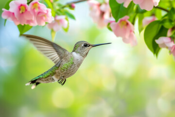 Hummingbirds in spring nature. Background with selective focus and copy space