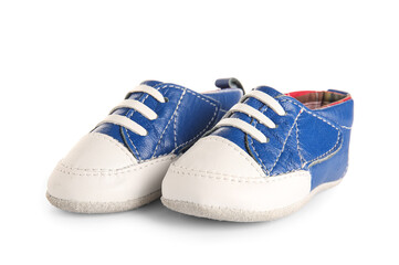 Stylish blue baby shoes isolated on white background