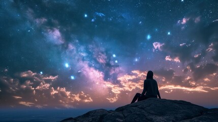 man sitting on a hill watching the stars at night without pollution