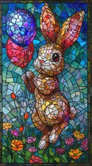 Stained glass window background with colorful rabbit abstract.	