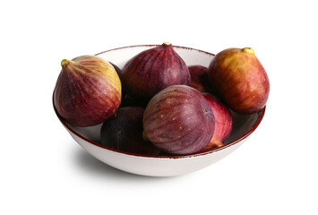 Bowl full of ripe fresh figs isolated on white background