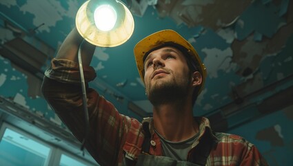 Electrician worker installing electric lamps light inside a house that is being renovated