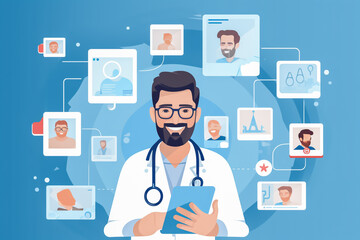 Concept illustration of an online medical service. IoT, remote consultations using video calls, doctor-patient communication, and technology-enabled medical concepts. - obrazy, fototapety, plakaty