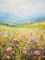 Fototapeta premium Art oil painting with meadow mountain flowers in spring