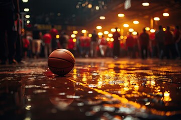A bustling basketball court in night warm light background