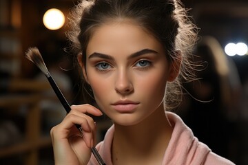 A beautiful girl holding makeup brush behind her face. Girl face with makeup brush