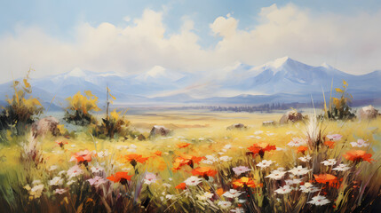 Art oil painting with meadow mountain flowers in spring © toomi123